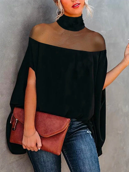 Xakxx - Batwing Sleeves See-Through High-Neck Blouses&Shirts Tops