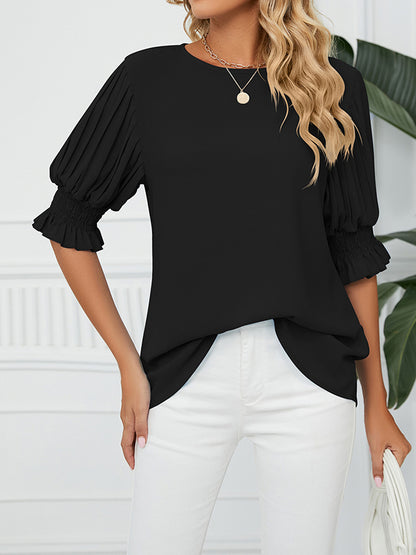 xakxx Loose Puff Sleeves Pleated Solid Color Round-Neck T-Shirts Tops