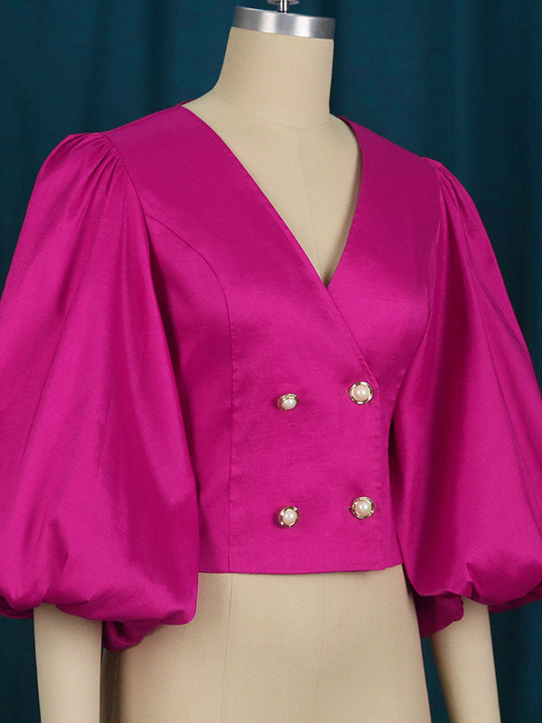 xakxx Stylish V-Neck Puff Sleeves Fuchsia Blouse