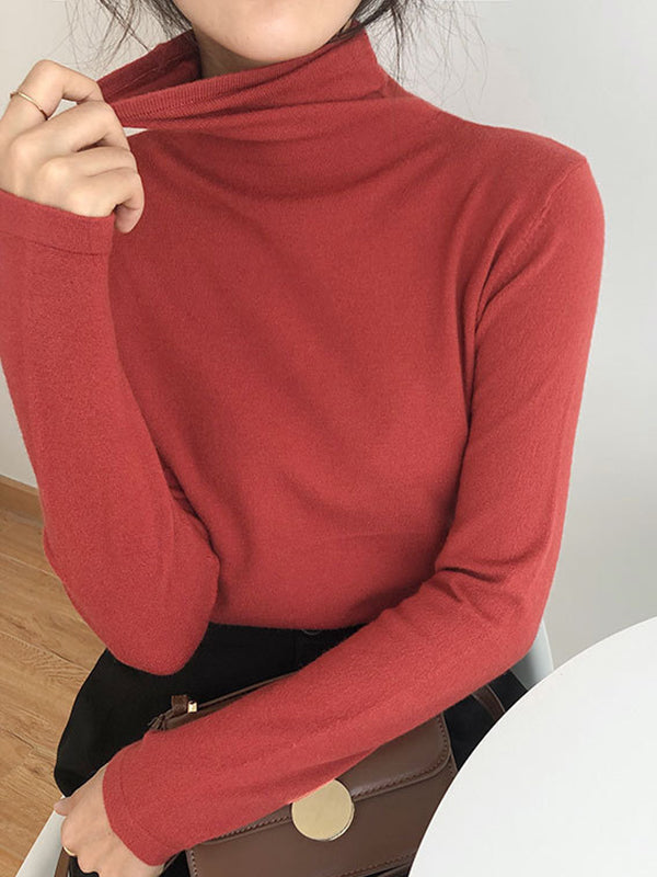 xakxx Long Sleeves Skinny Solid Color High-Neck T-Shirts Tops