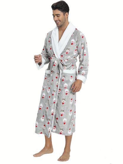 Men's Christmas Gift & Animal Print Flannel Bathrobe, Casual Morning Gown Comfy Home Clothes, Holiday Gift