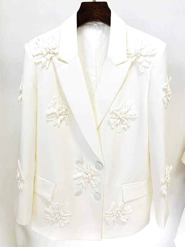 xakxx Long Sleeves Flower-Embellished Solid Color Lapel Blazer Outerwear