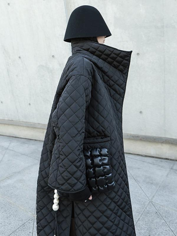 xakxx Black Rhombic Split-Side High Collar Long Coat