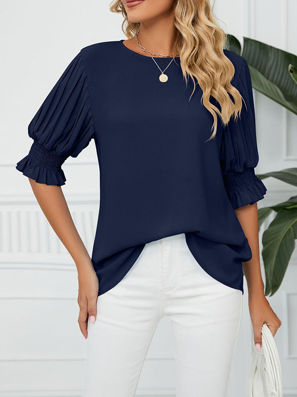 xakxx Loose Puff Sleeves Pleated Solid Color Round-Neck T-Shirts Tops