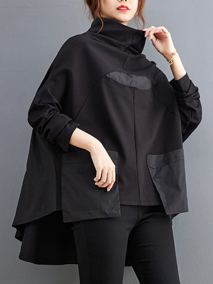 xakxx Casual Loose Split-Joint High-Neck Long Batwing Sleeves T-Shirt