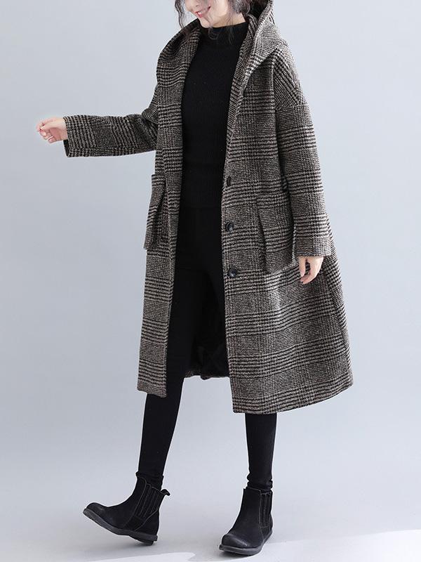 xakxx Loose Plaid Woolen Hood Coat