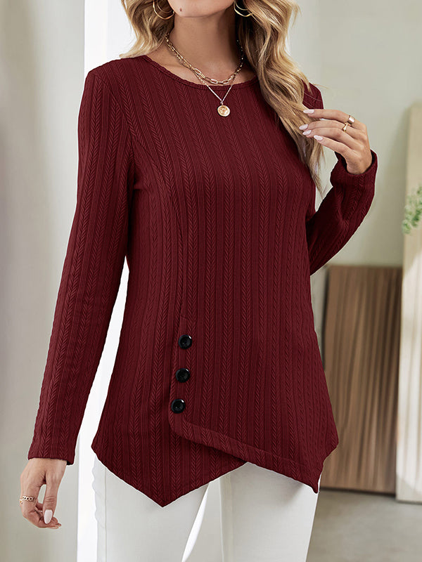 xakxx Long Sleeves Loose Asymmetric Buttoned Round-Neck T-Shirts Tops