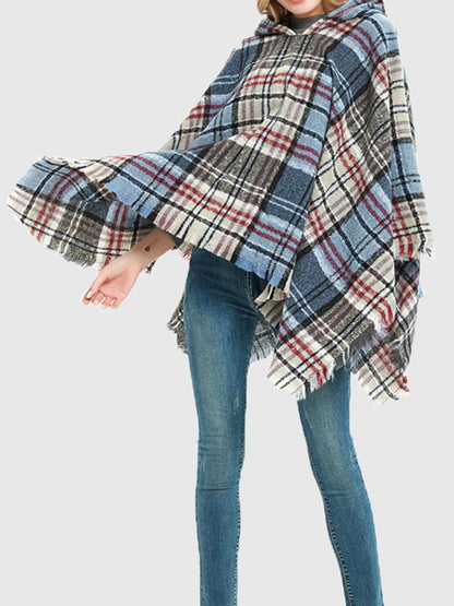 xakxx Fringed Hooded Keep Warm Plaid Cape Shawl&Cloak