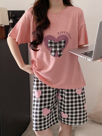 Womens Pajama Set - Adorable Heart & Plaid Bow & Letter Print, Ultra-Casual Loose Fit, Short Sleeve Round Neck Top & Shorts, Comfortable Relaxed Fit for a Restful Sleep - Complete Set for a Coordinated Look