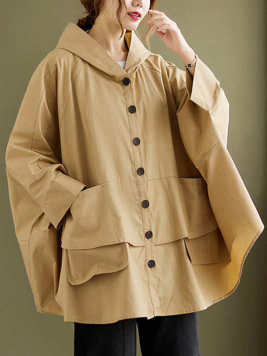 xakxx Loose Solid Color Buttoned Hooded Long Sleeves Trench Coat