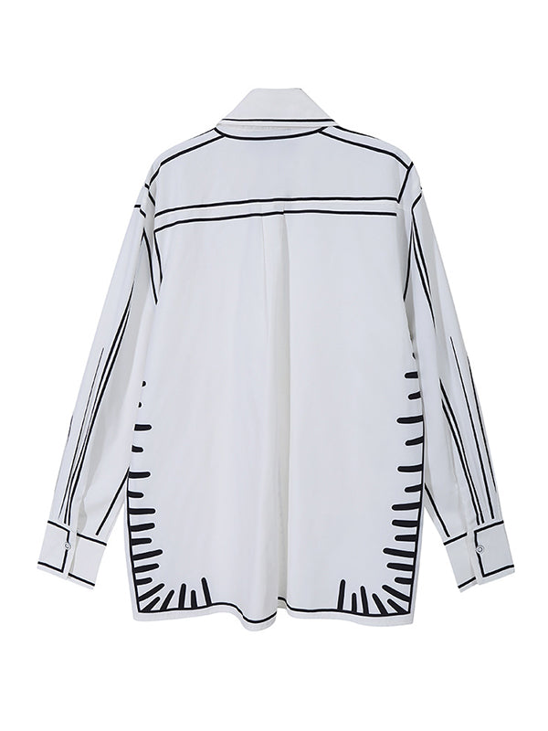 xakxx Simple White Black Contrast Color Printed Blouse