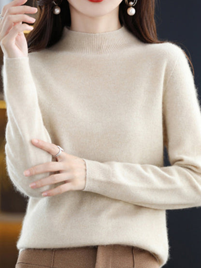 xakxx Office Long Sleeves Solid Color High-Neck Sweater Tops Pullovers