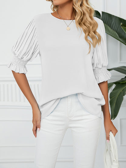 xakxx Loose Puff Sleeves Pleated Solid Color Round-Neck T-Shirts Tops