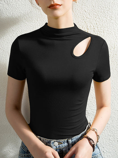 xakxx Skinny Hollow Solid Color Half Turtleneck T-Shirts Tops