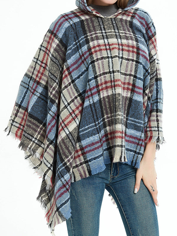 xakxx Fringed Hooded Keep Warm Plaid Cape Shawl&Cloak