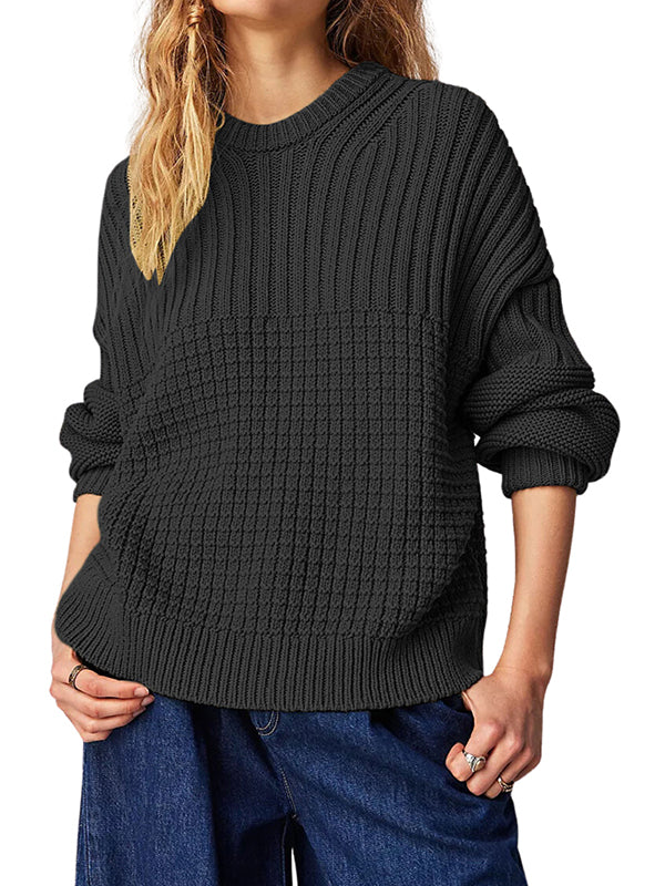 xakxx Long Sleeves Loose Solid Color Round-Neck Pullovers Sweater Tops