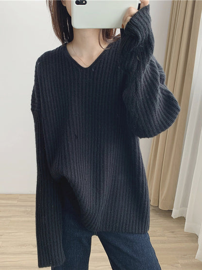 xakxx Casual Long Sleeves Loose Solid Color V-Neck Sweater Tops