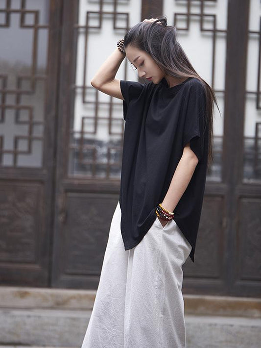 xakxx Asymmetric Batwing-sleeves Ramie Cotton Tops