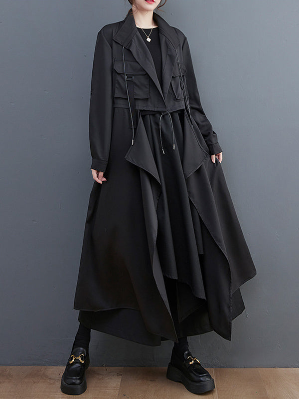 xakxx Loose Long Sleeves Drawstring Split-Joint Lapel Trench Coats