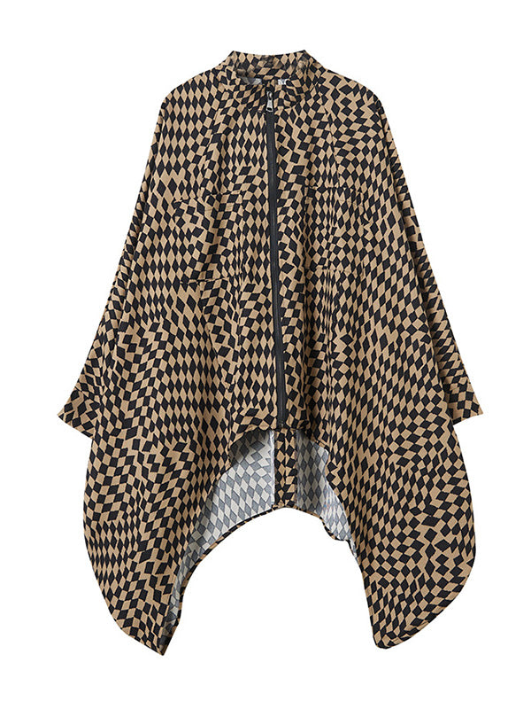 xakxx High-Low Loose Plaid Zipper Stand Collar Outerwear