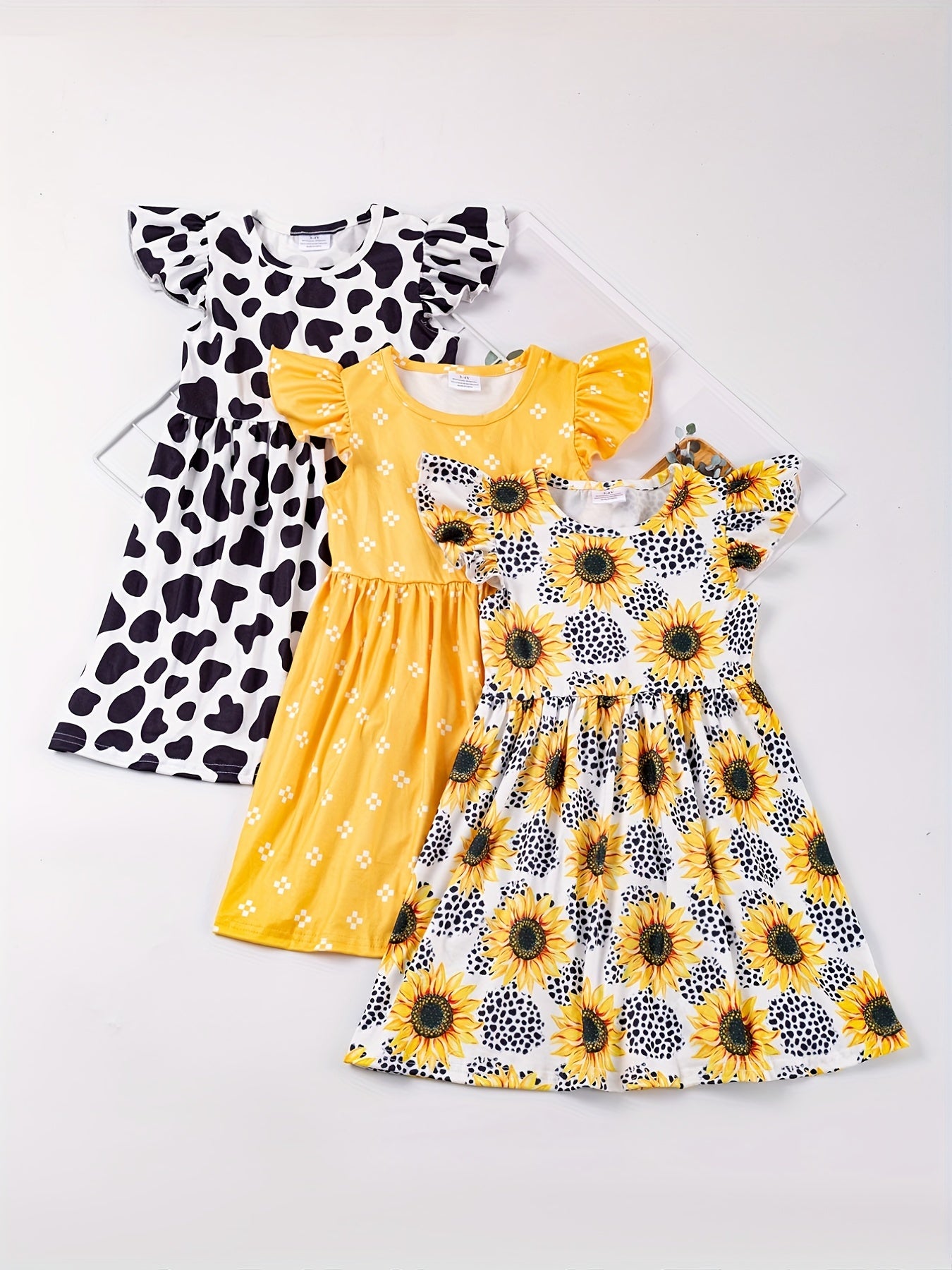 3pcs/set Toddler Girls Ruffled Sleeves Round Neck Polka Dot Leopard And Sunflower Graphic Princess Dress For Party Kids Summer Clothes