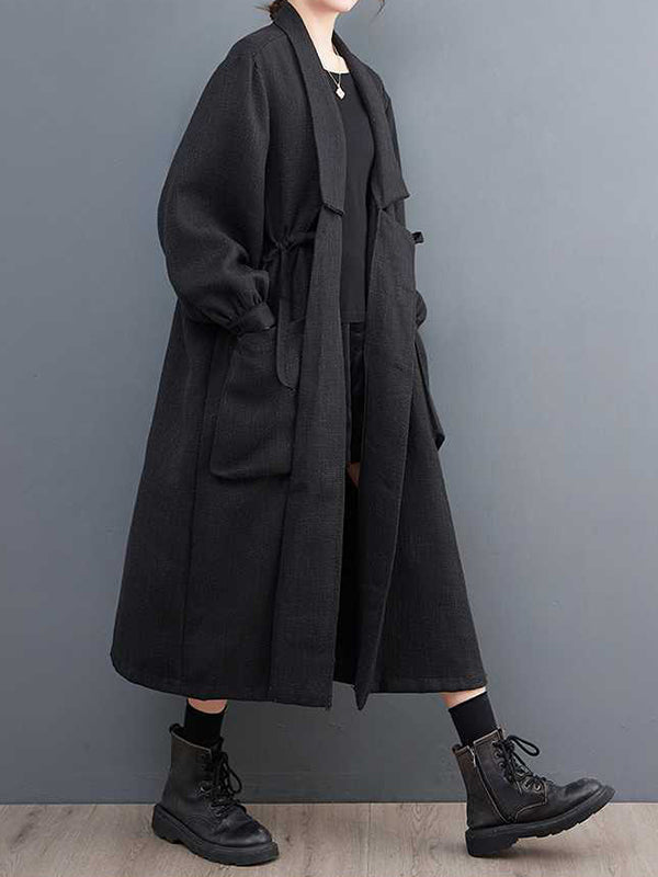 xakxx Long Sleeves Loose Drawstring Pockets Lapel Trench Coats