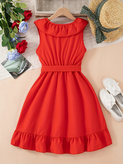 Brief Sleeveless V-Neck Ruffle Trim Dress for Teen Girls - Belted, Fitted, Loose Silhouette, Polyester Fabric, Summer Party Wear - Elegant and Dressy