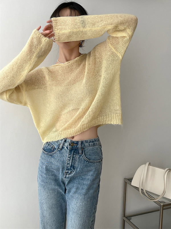 xakxx Gentle Mohair Knitted Loose Long Sleeves Solid Color Thin Sweater Tops