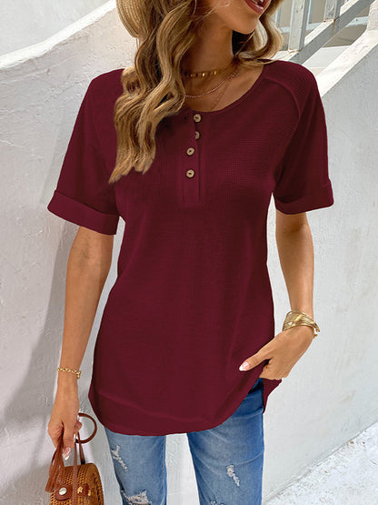 xakxx Loose Short Sleeves Buttoned Solid Color Split-Joint V-Neck T-Shirts Tops