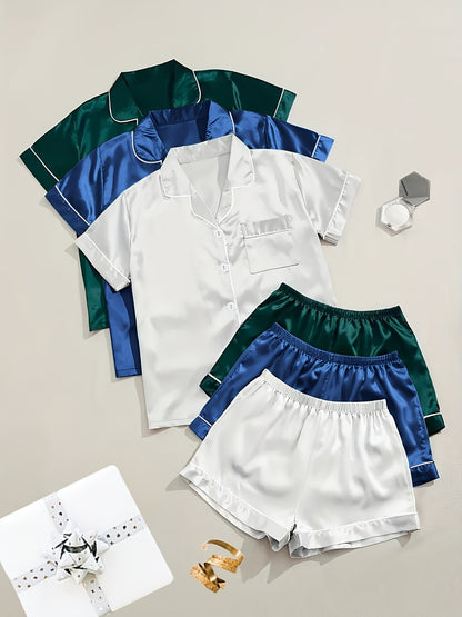 3-Pack Solid Satin Womens Pajama Set - Lightweight & Soft Short Sleeve Lapel Tops with Elastic Shorts - Stylish Sleepwear for Casual Lounging, Comfy Nighttime Elegance