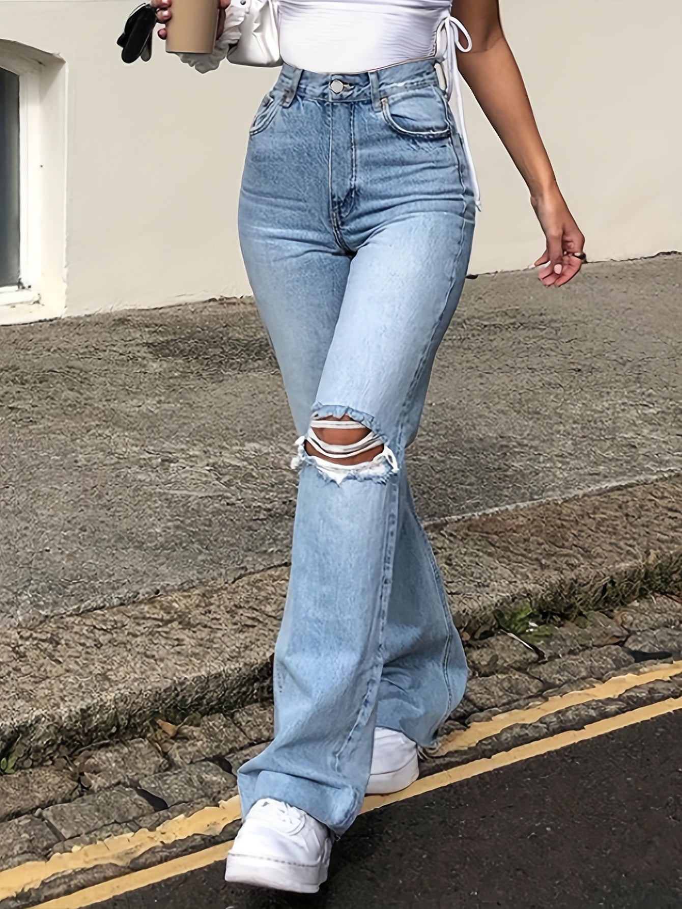 Long Length High Waist Flared Leg Blue Denim Jeans - Washed, Medium Stretch, Zipper Fly, Ripped, Bell Bottom, Slash Pockets, Preppy Style - Customized, Slim Fit, All-Season, Solid Color, No Printing