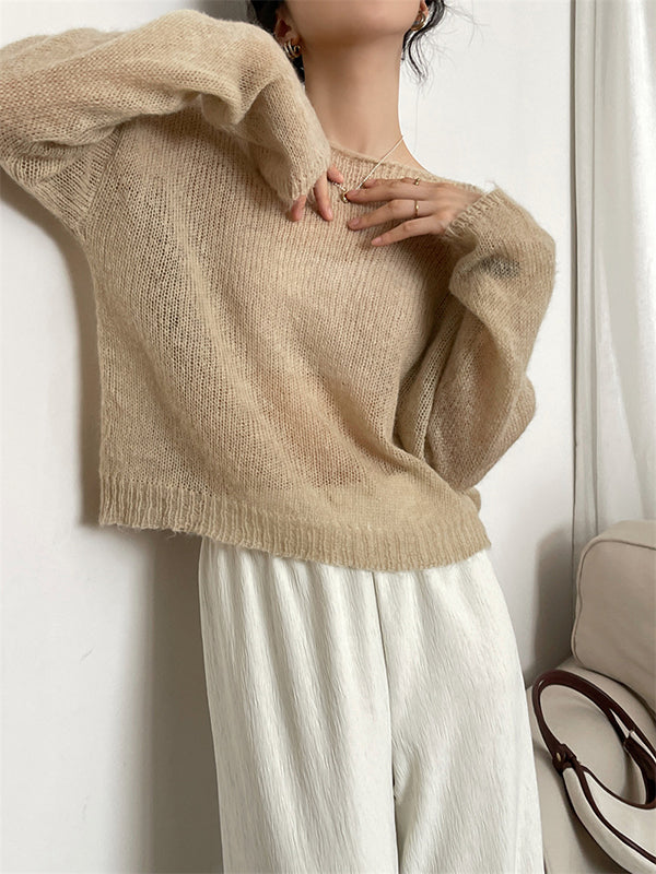 xakxx Gentle Mohair Knitted Loose Long Sleeves Solid Color Thin Sweater Tops