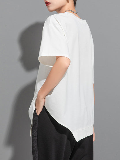 xakxx Loose Short Sleeves Asymmetric Solid Color Split-Joint Round-Neck T-Shirts Tops