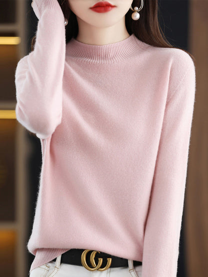 xakxx Office Long Sleeves Solid Color High-Neck Sweater Tops Pullovers