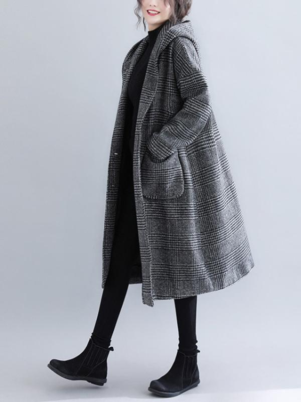 xakxx Loose Plaid Woolen Hood Coat