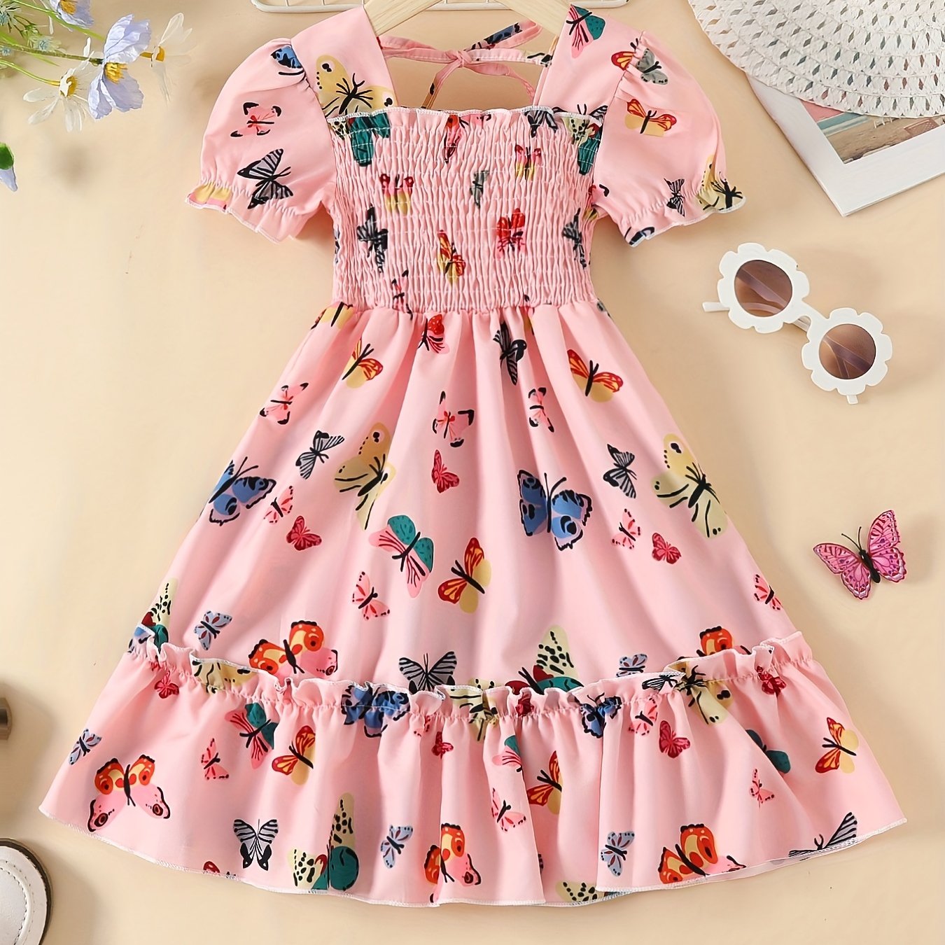 Girls' Summer Princess Dress - Vibrant Butterfly Print, Puff Sleeves & Frilly Details, Party & Beach Ready