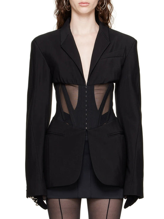 xakxx Long Sleeves Buckle Gauze See-Through Solid Color Split-Joint Notched Collar Blazer