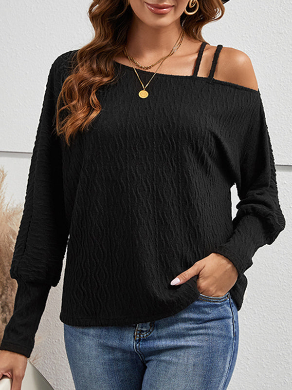 xakxx Long Sleeves Loose Solid Color Asymmetric Collar T-Shirts Tops