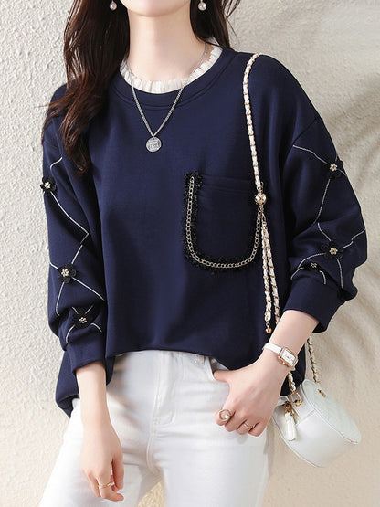 xakxx Long Sleeves Loose Chains Pockets Ruffled Split-Joint Three-Dimensional Flower Round-Neck T-Shirts Tops