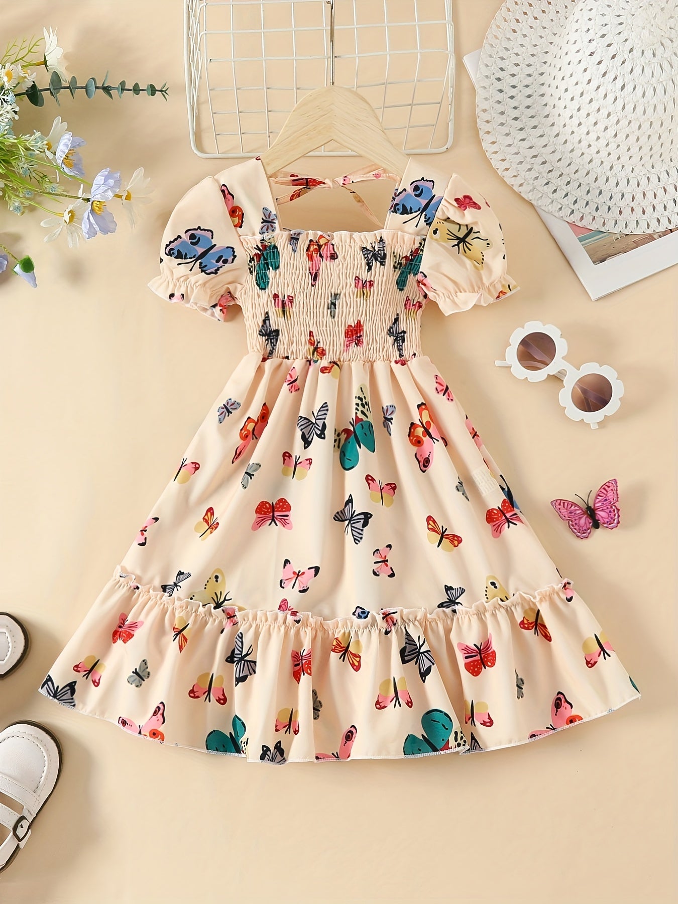 Girls' Summer Princess Dress - Vibrant Butterfly Print, Puff Sleeves & Frilly Details, Party & Beach Ready