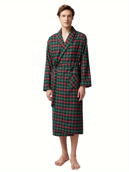 SIORO Mens Robe Flannel Cotton Plaid Bathrobe Soft Shawl Collar Loungewear