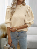 xakxx Half Sleeves Puff Sleeves Pleated Solid Color Mock Neck T-Shirts Tops
