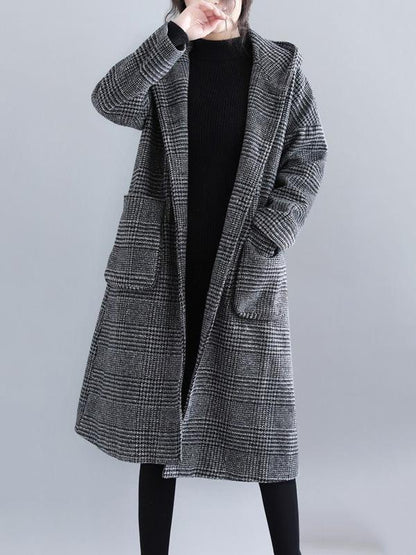 xakxx Loose Plaid Woolen Hood Coat