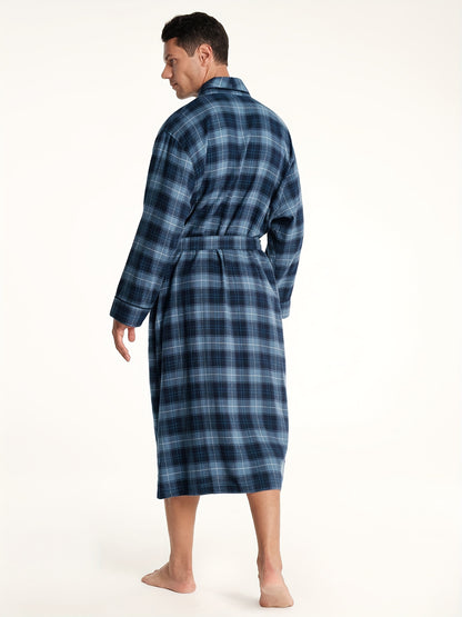 SIORO Mens Robe Flannel Cotton Plaid Bathrobe Soft Shawl Collar Loungewear