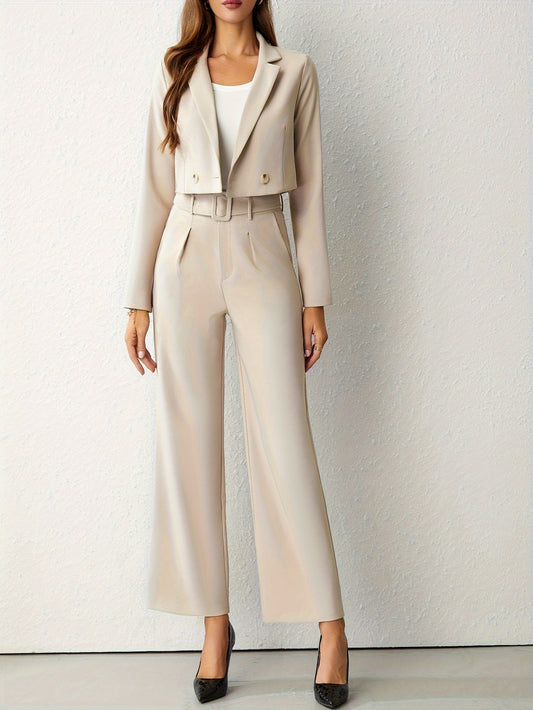 Two-Piece Business Casual Outfit - Double-Breasted Lapel Long Sleeve Blazer & Belted Wide Leg Pants Set for Women - Professional, Chic, and Comfortable Clothing for Work or Formal Occasions