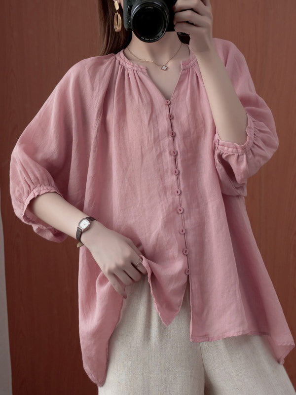 xakxx Simple Casual Solid Buttoned Pleated Blouse