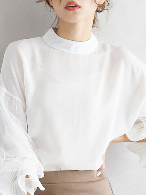 xakxx Simple Solid Color Puff Sleeve Mesh Splicing Chiffon Shirt