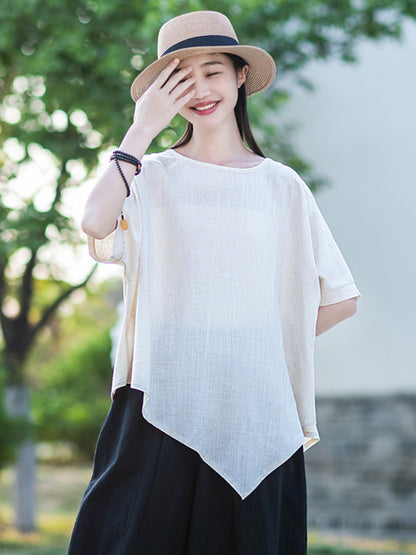 xakxx Artistic Retro Loose Linen Asymmetric T-Shirt Top