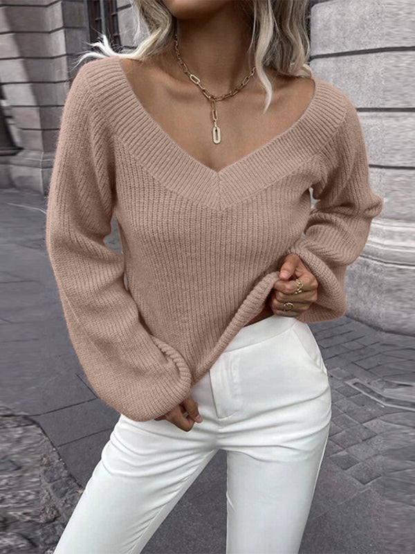 xakxx Casual Long Sleeves Loose Solid Color V-Neck Sweater Tops