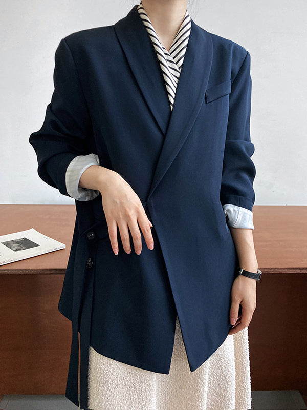 xakxx Long Sleeves Loose Asymmetric Buttoned Pockets Solid Color Tied V-Neck Blazer Outerwear